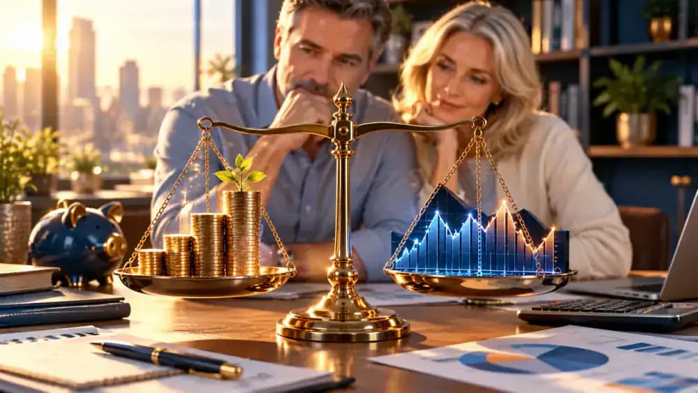 Balanced financial scales comparing steady savings growth with fluctuating market performance.