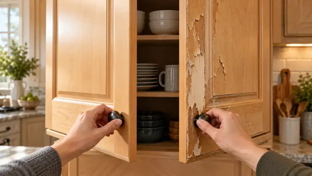Close-up of two maple kitchen cabinet doors in a bright kitchen, one with a smooth satin clear-coated finish and the other with peeling clear coat exposing raw wood along the inner edge, as a hand points near the damaged area.