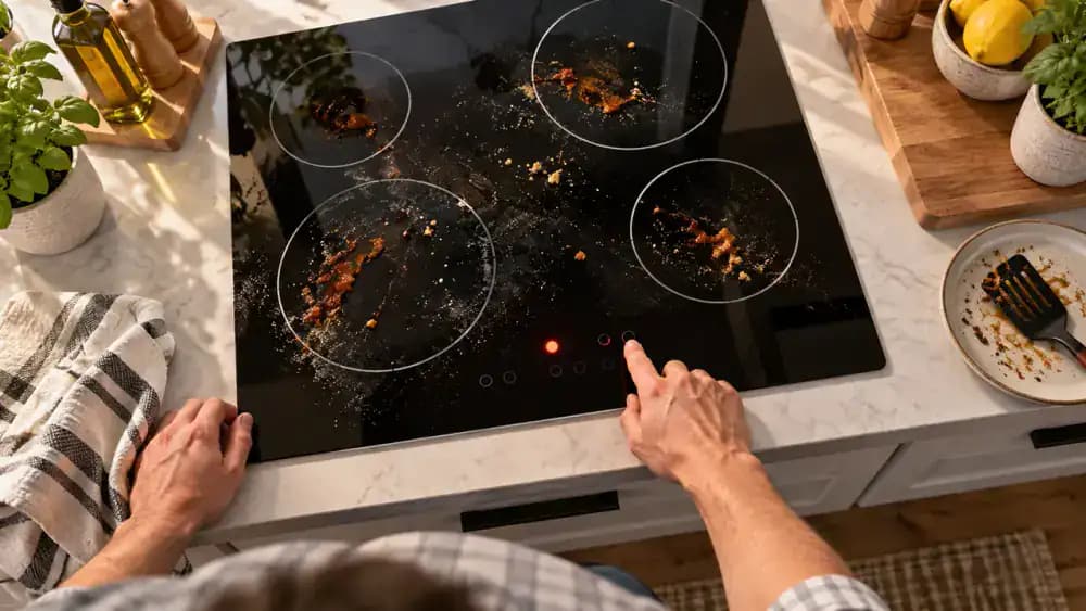 Overhead three-quarter view of a black glass-ceramic electric cooktop in a modern kitchen, showing a person turning off the final burner, a glowing residual-heat indicator, an appliance instruction manual, and a folded microfiber cloth on the adjacent countertop.