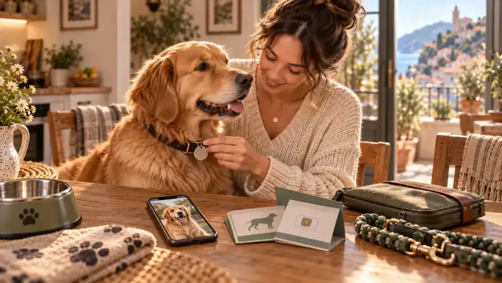 Dog collar tag beside a smartphone showing a pet photo and microchip registration information