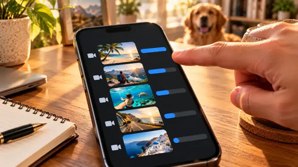 Smartphone storage settings showing a size-sorted list of photos and videos, with an 8.6 GB vacation recording at the top and an adult's index finger pointing toward its file size.