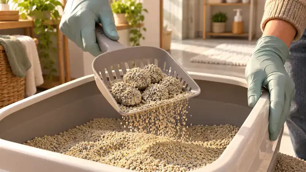 Close-up of a gloved hand lifting urine clumps from a cat litter box with a slotted scoop, allowing clean granules to fall through, beside a securely tied waste bag and household trash bin.