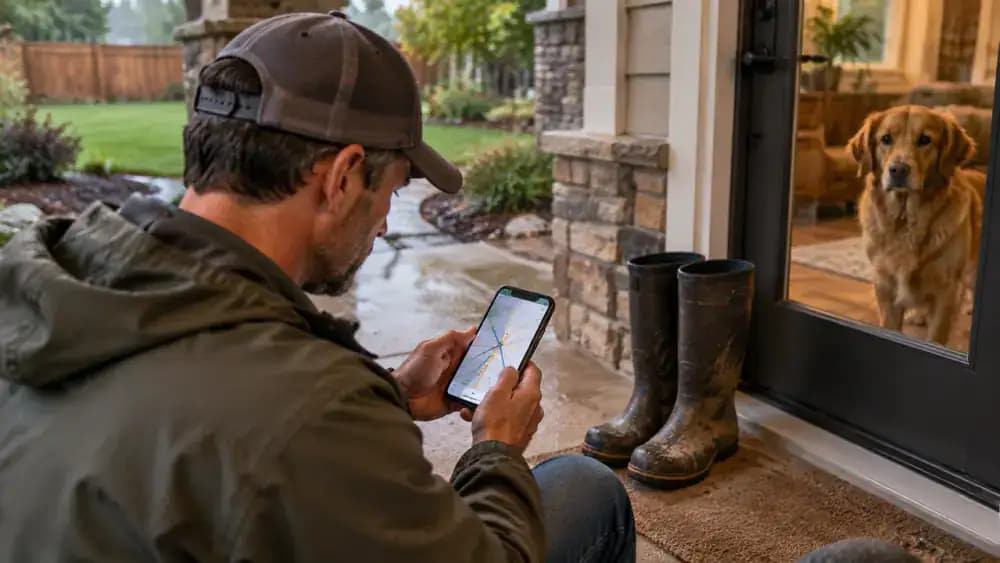 Homeowner preparing for a safe backyard drainage inspection beside a covered back door, with waterproof boots on a dry mat, a dog secured on a leash indoors, and a smartphone showing a generic utility-locating service page.