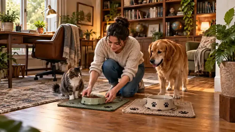 Owner arranging separate feeding mats in a quiet ground-floor corner and a low-traffic study while two cats explore, with a washing machine and busy hallway farther away.