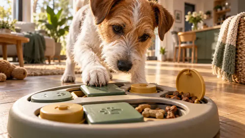 Terrier using a beginner puzzle with lifted lids and partially open sliders