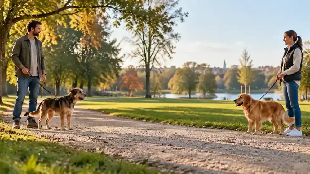 Two handlers holding securely leashed dogs several yards apart on a wide, quiet park path with open grassy space between them.