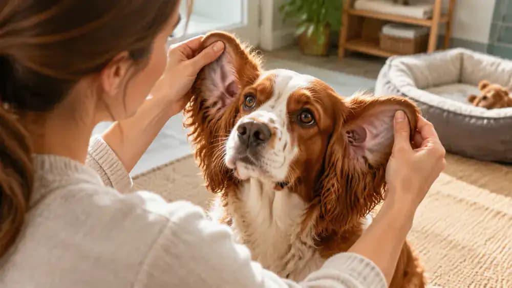 Owner gently lifting a dog's ear flap under natural light to compare the visible outer surfaces of both ears without entering the canal.