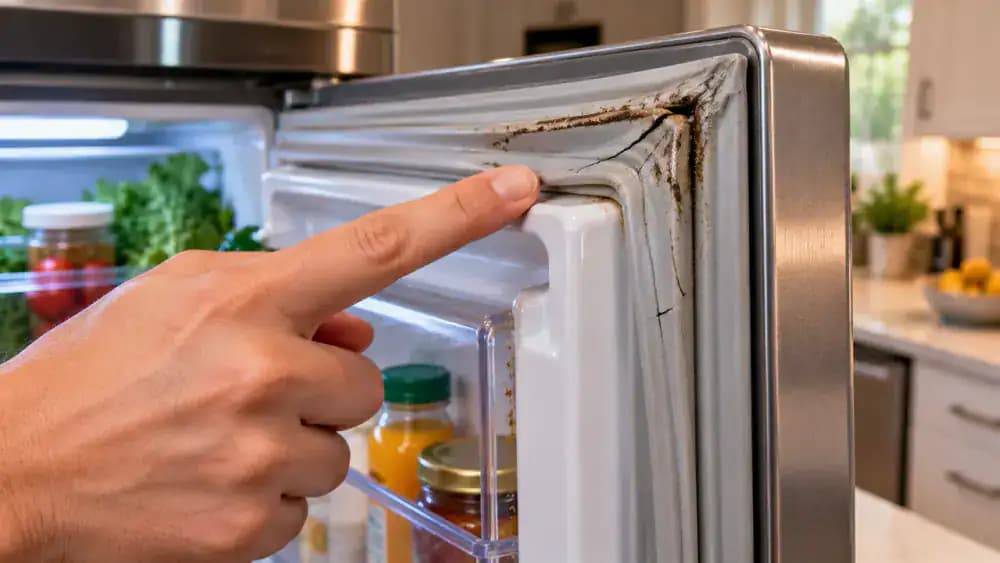 Person inspecting the complete rubber gasket around an open refrigerator door, with close-ups of crumbs in a corner, sticky residue, cracked rubber, and a flattened seal section.