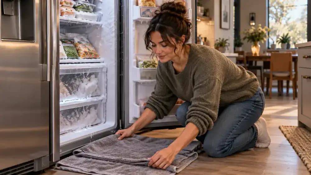 Homeowner placing towels under an open freezer compartment while thin frost softens naturally on the interior surfaces