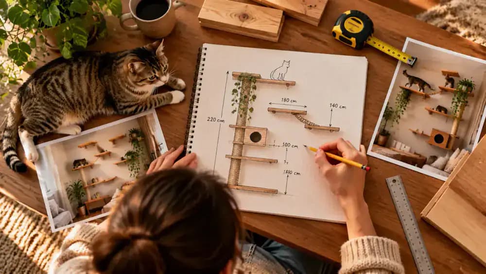 Cat owner measuring a wall and sketching a climbing shelf layout with platform heights, spacing, and a low starting step on graph paper.