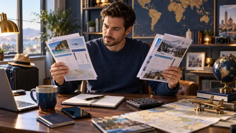 Traveler reviewing two sets of booking terms