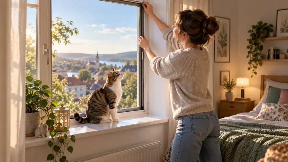 Cat sitting on a bedroom windowsill while the owner checks the corners and frame of a fitted insect screen