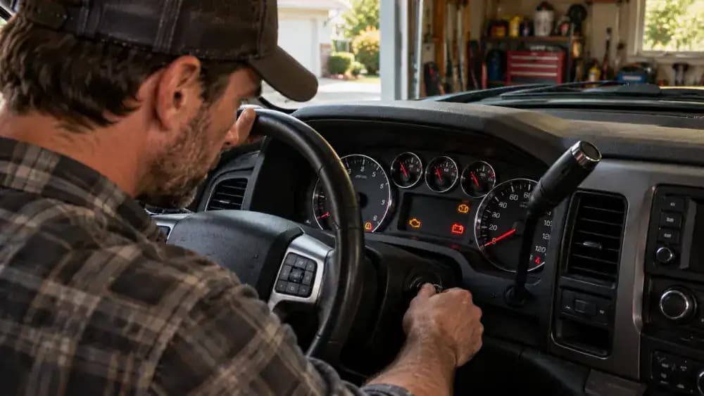 Driver briefly turning the ignition key in a stationary American pickup truck as the instrument cluster shows slight tachometer movement during slow engine cranking.