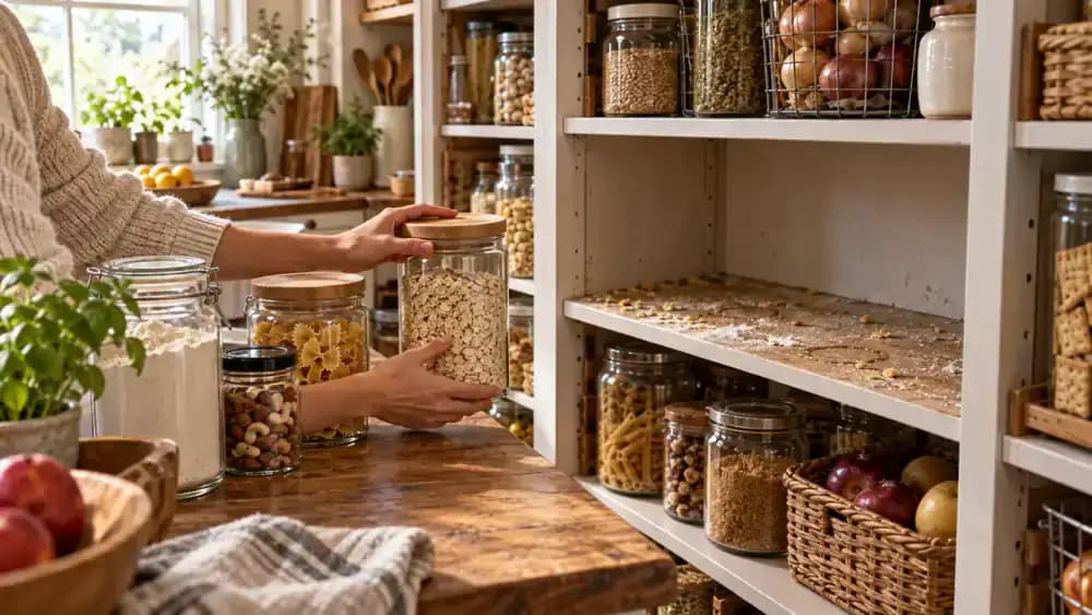 Person removing an upright syrup bottle from a messy middle pantry shelf covered in sticky syrup rings, flour dust, and crumbs, with food containers arranged on a clean kitchen countertop and surrounding shelves still stocked.
