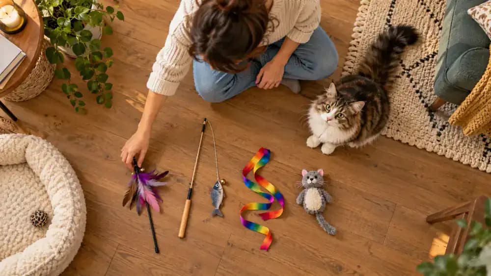 Selection of interactive cat wand and fishing-rod toys