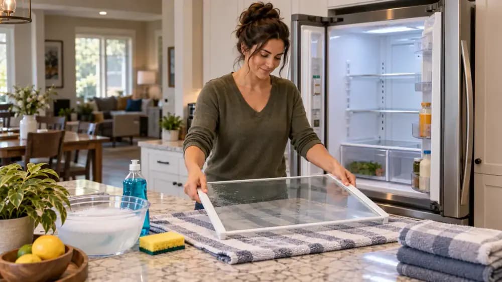 Person safely removing a refrigerator glass shelf and placing it on a towel-covered counter with cleaning supplies nearby
