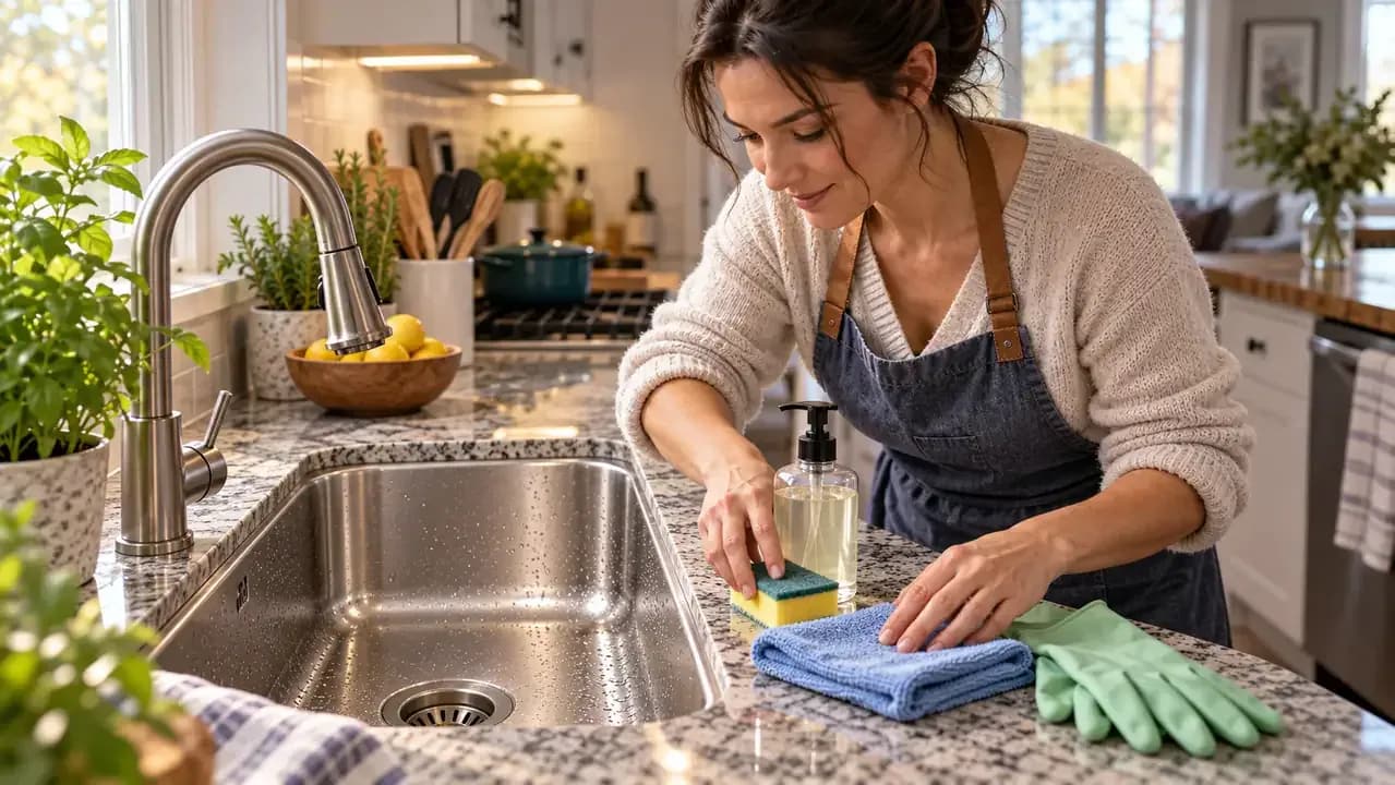 Adult homeowner arranging a microfiber cloth, soft sponge, mild dish soap, and optional gloves beside a cleared stainless steel sink while steel wool and harsh scouring pads are set aside.