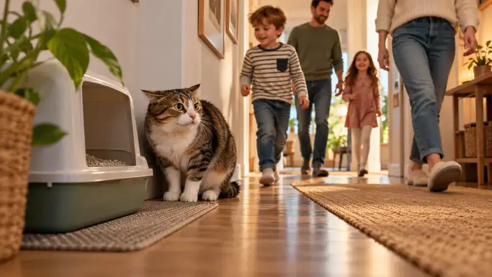 Cat watching nervously from the entrance of a busy hallway as children with backpacks, adults, and visitors pass a litter box against the wall.