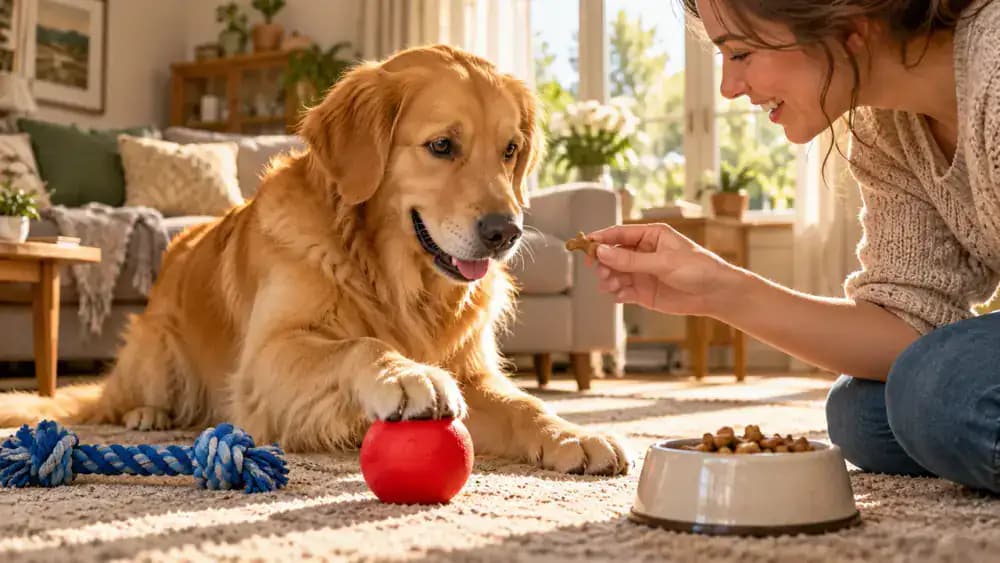 Dog touching a red ball on a mat as its owner offers a small treat beside a sunny window.