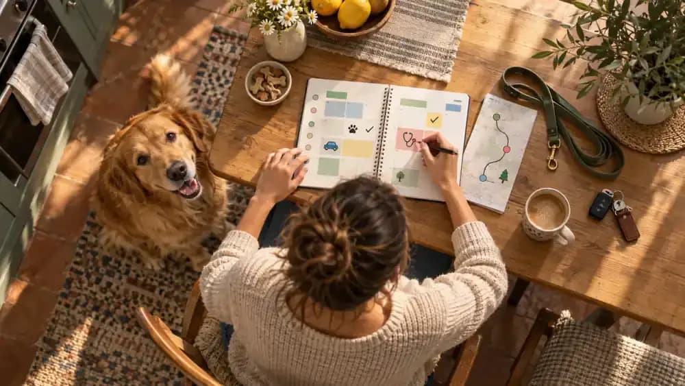 Weekly planner beside a phone showing a veterinary appointment confirmation and a dog's walking schedule