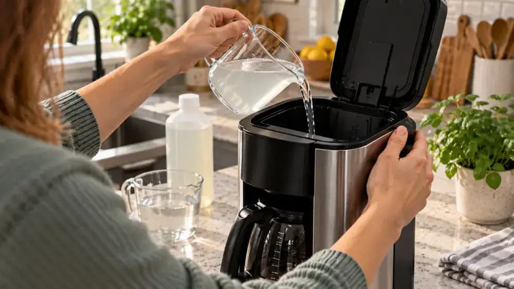 Hands measuring water and manufacturer-approved coffee maker descaling solution in a marked measuring cup before pouring the mixture into the open reservoir.