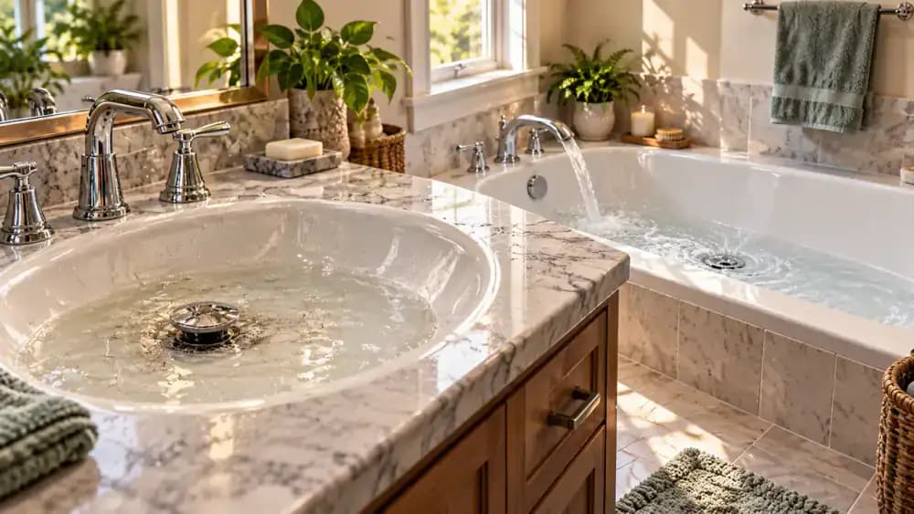 Homeowner comparing water drainage in a white bathroom sink and adjacent bathtub, with a two-panel view showing the sink draining slowly and the bathtub draining normally.