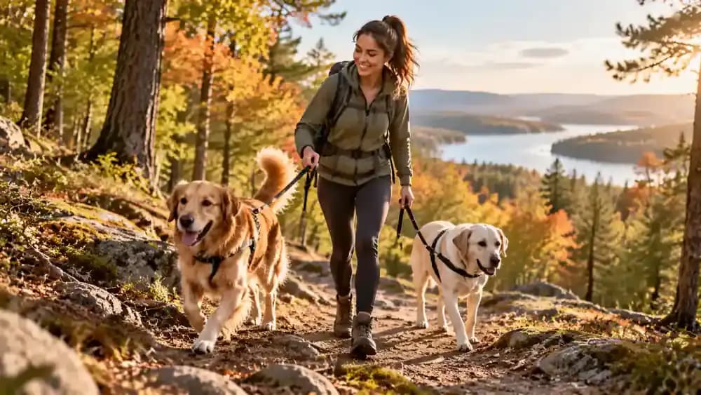 An active dog walks a wooded trail while a calmer dog enjoys a neighborhood stroll, alongside a cat climbing a tree, chasing a feather toy, and resting on a window perch.