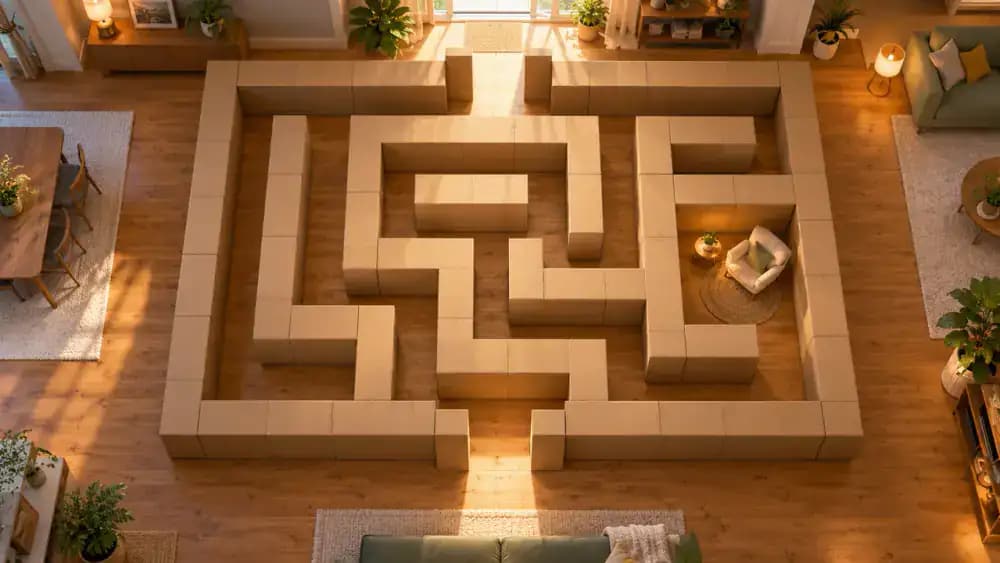 Top-down view of an adult arranging cardboard boxes into a floor-level maze with arrows marking a main route, side chamber, and two exits.