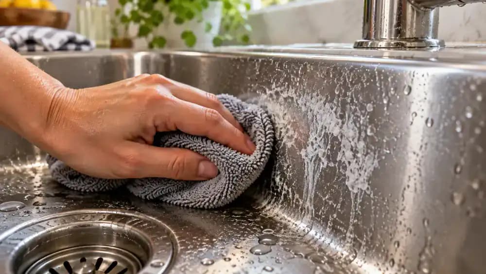 Close-up side view of a homeowner gently wiping a stainless steel kitchen sink with a damp white microfiber cloth, showing persistent chalky hard water spots and a separate area of soap residue that smears when wiped.