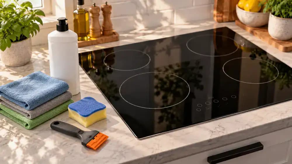 Close-up of hands arranging two folded microfiber cloths, a soft sponge, and glass-ceramic cooktop cleaner on a wooden kitchen countertop, with a covered cooktop scraper beside an appliance manual and a cooled black glass cooktop in the background.