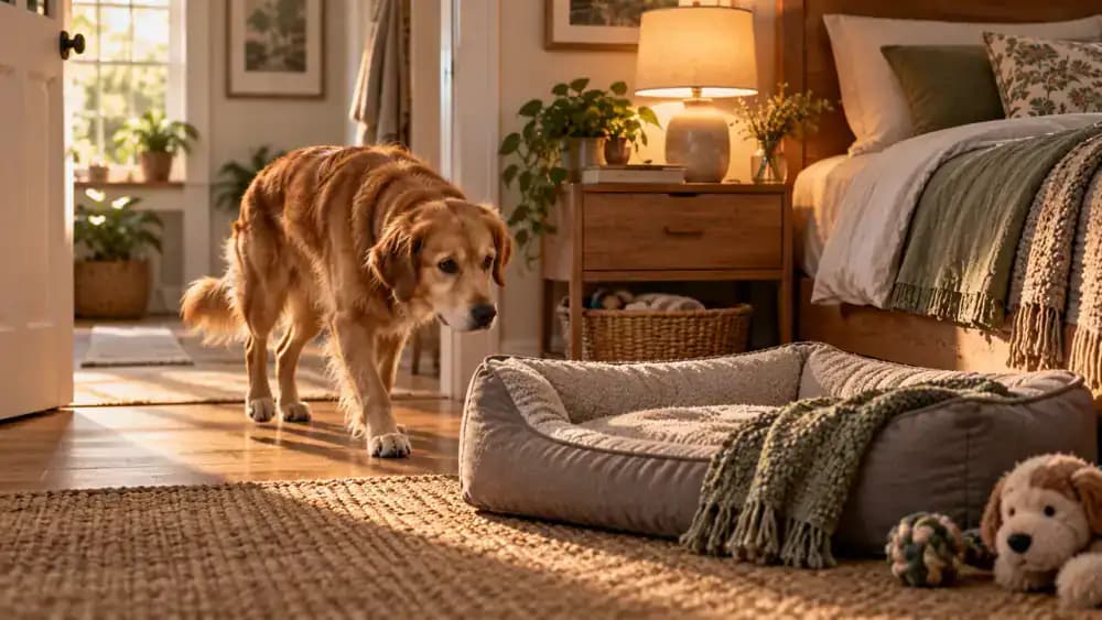 Quiet corner with washable dog bed and folded blanket