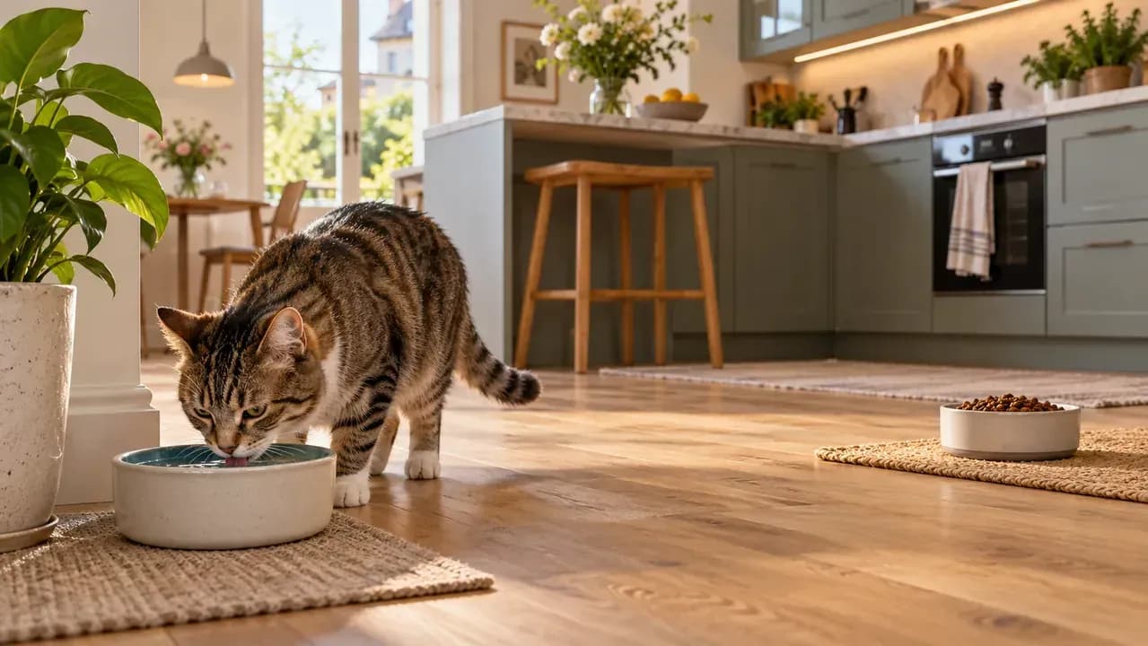 Cat drinking from a water bowl positioned several feet away from its food dish
