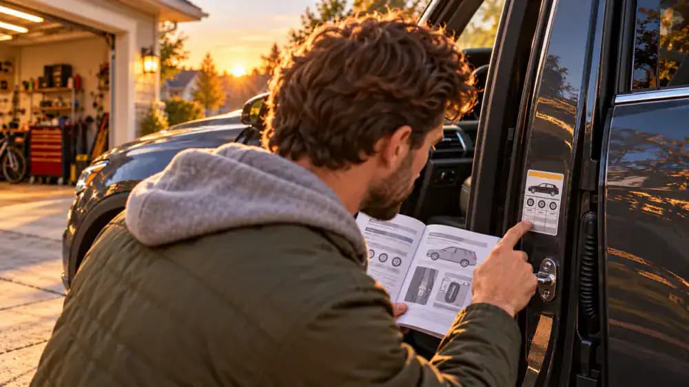 Driver locating the tire pressure specification on a modern SUV's open driver's doorjamb while holding the owner's manual in a suburban driveway.