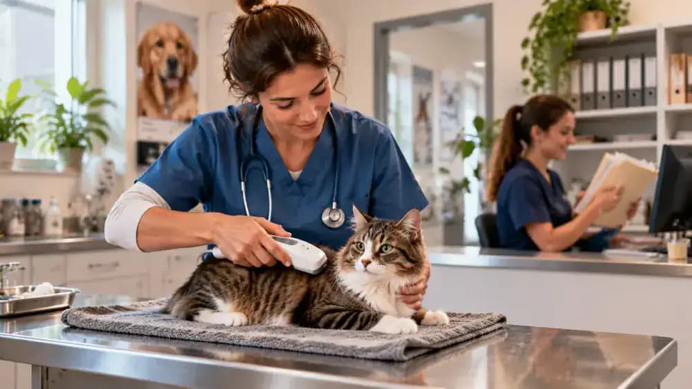 A veterinarian gently scanning a relaxed cat while speaking with the owner and showing a generic microchip identification number on a monitor.