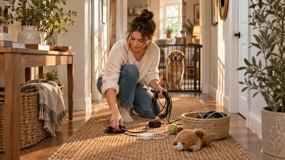 Owner clearing cords and loose objects from a hallway before a dog search