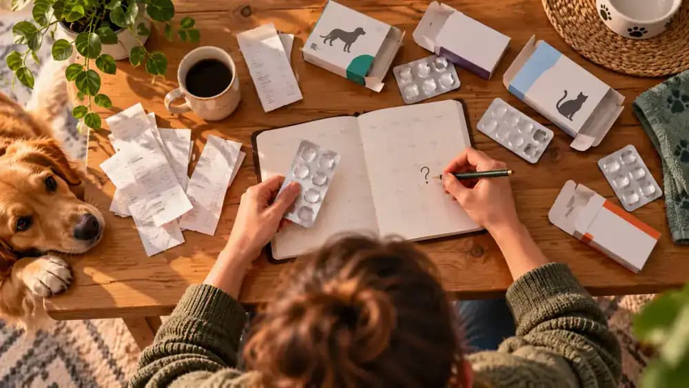 Pet owner reviewing veterinary paperwork, empty product packaging, receipts, and treatment records while marking an uncertain date with a question mark.