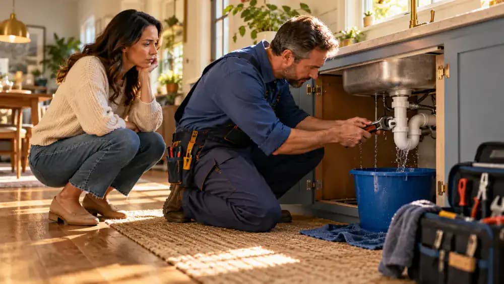 Unexpected household plumbing leak with repair tools nearby.