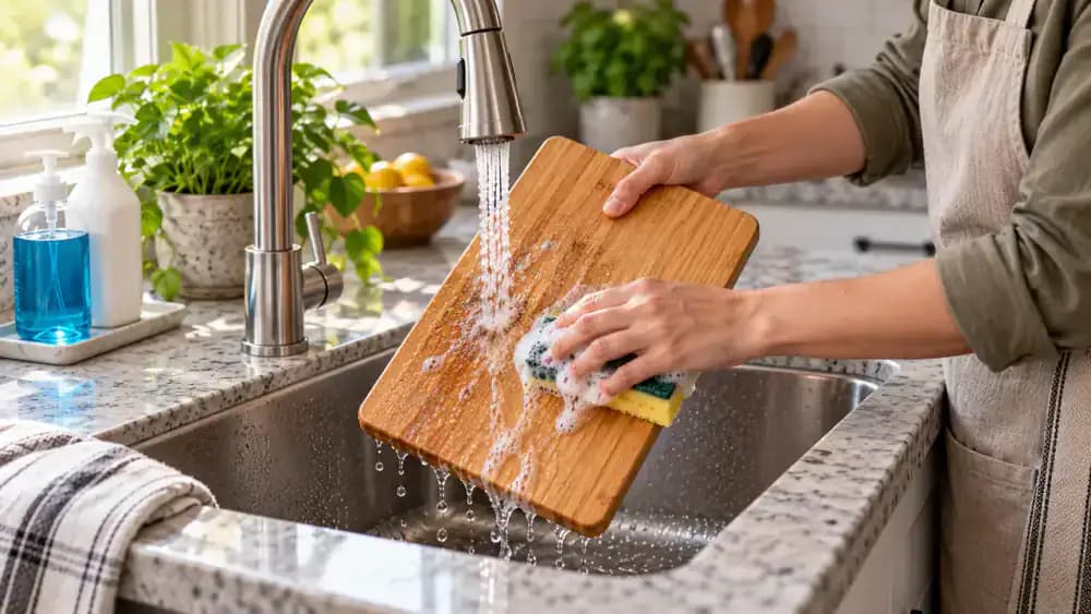 Bamboo cutting board held upright over a sink while a soapy brush cleans the front, back, and narrow edges under gently running warm water