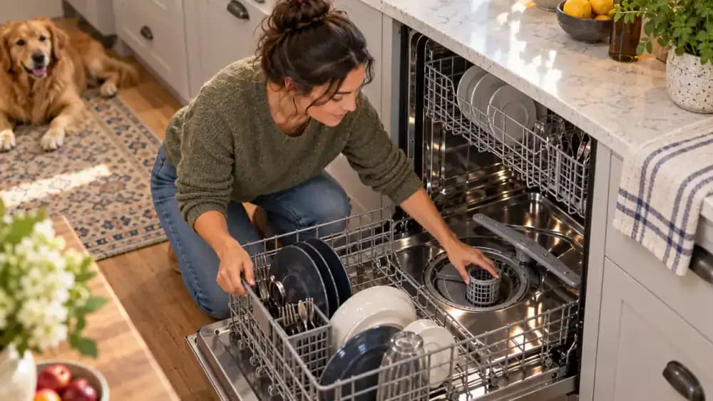 Gloved adult removing the lower dishwasher rack and pointing to the exposed filter assembly with visible alignment arrows and locking tabs at the bottom of the tub.