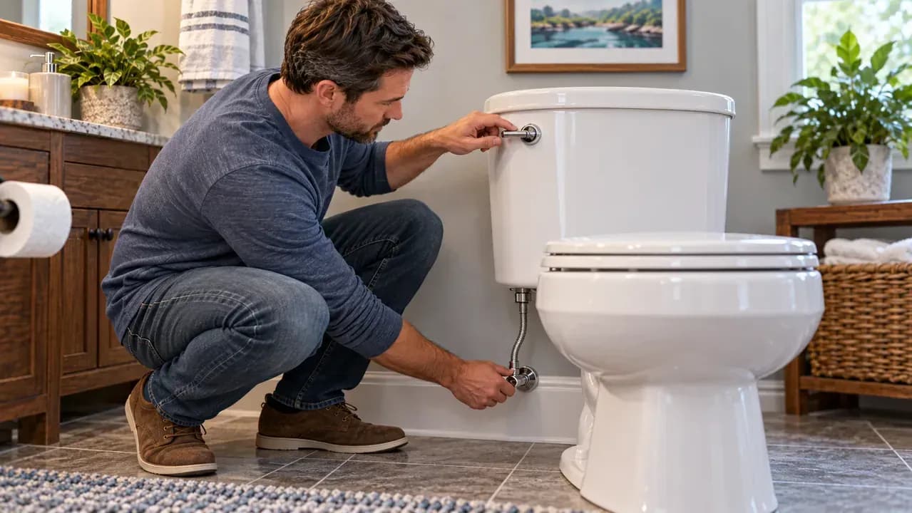 Close view beside a toilet showing a hand turning the wall-mounted water supply valve clockwise, then pressing the flush lever as the open tank water level drops with internal parts still in place.