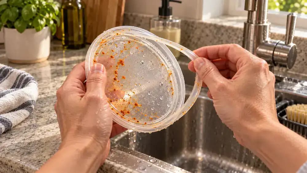 Close-up of hands gently removing a silicone gasket from the lid of an orange-stained plastic food container on a white towel beside a stainless steel sink, with tomato sauce residue visible inside the lid groove.