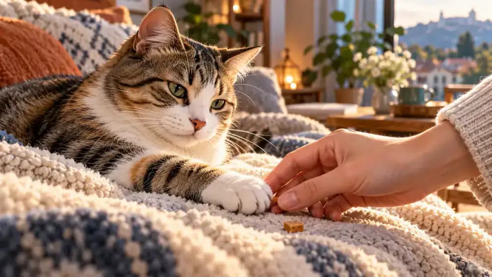 Close-up of a relaxed cat resting on a soft blanket while its owner gently touches its shoulder, front leg, and paw and offers a tiny treat.