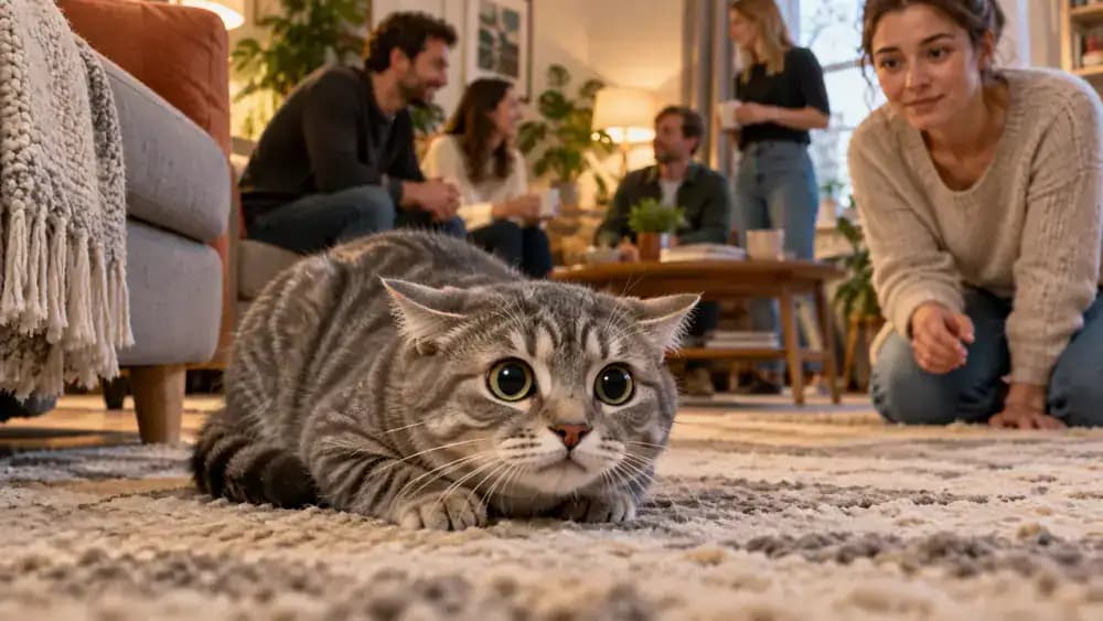Close-up of a gray tabby sitting on a living room carpet with slightly sideways ears, wide eyes, and its tail close to its body while unfamiliar guests appear blurred in the background.