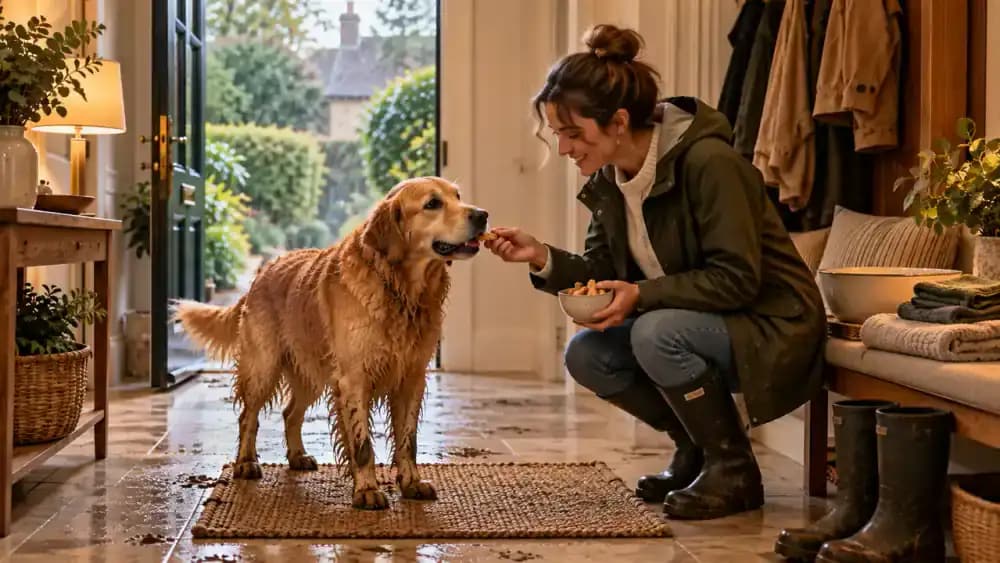 Golden retriever standing calmly with all four paws on a textured non-slip mat while its kneeling owner offers a treat and gently touches a front leg near the doorway.