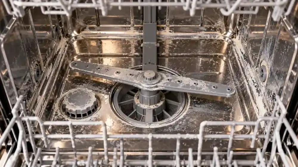 Overhead view of an empty stainless steel dishwasher with its lower rack pulled forward as a person uses an LED flashlight to inspect chalky white deposits in rear corners, along coated rack edges, and around lower spray arm openings.