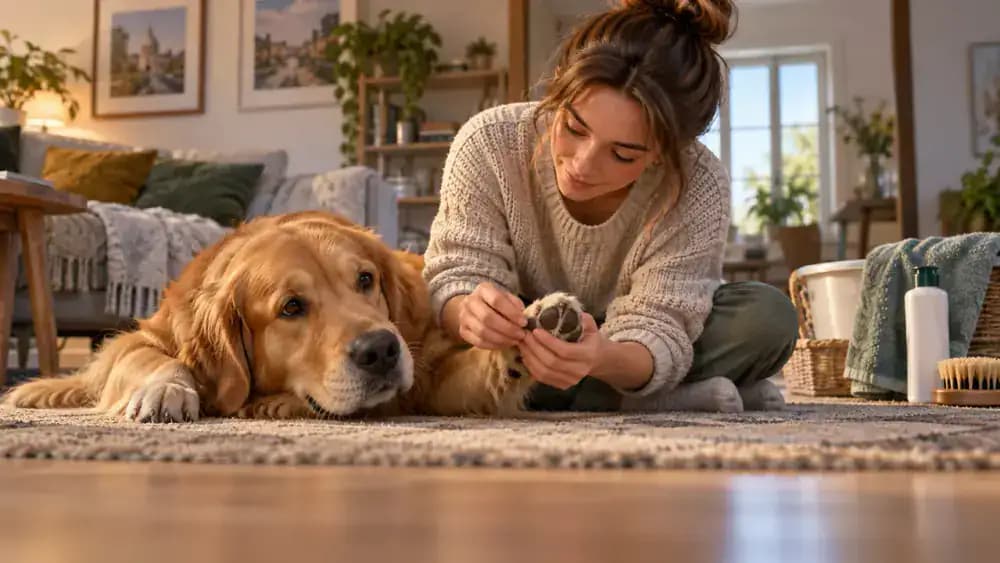 Owner gently examining the front paw of a dog resting on a living room rug, with unused bathing supplies in the background.