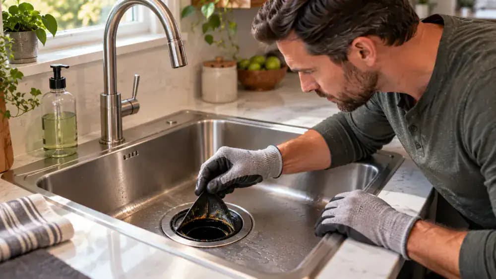 Gloved homeowner gently lifting one section of a garbage disposal rubber splash guard, revealing greasy film and small food residue while keeping both hands above the grinding chamber.