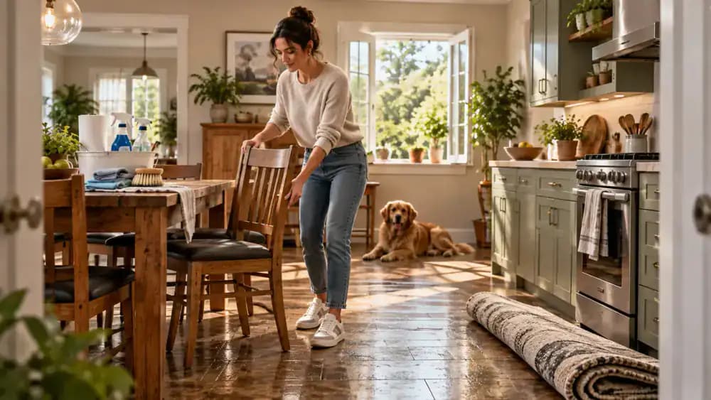 Person preparing a residential American kitchen for floor cleaning by moving dining chairs and a small rug, opening a window, placing a yellow wet-floor warning sign near the doorway, and organizing a soft broom, microfiber mop, two empty buckets, folded towels, and floor-compatible degreaser while 