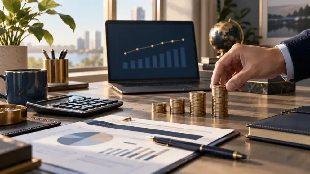 Two abstract financial indicators beside a calculator