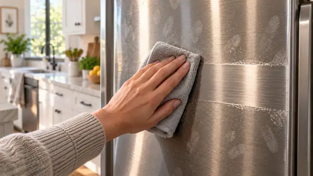 Hand wiping fingerprints from a stainless steel refrigerator door with a nearly dry microfiber cloth while avoiding the control panel and door seams.